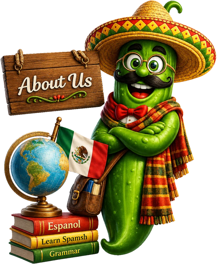 Jalapeño, the Spanish Language Center mascot — a friendly professor pepper in a sombrero, beside an “About Us” sign, a globe, the Mexican flag and Spanish study books