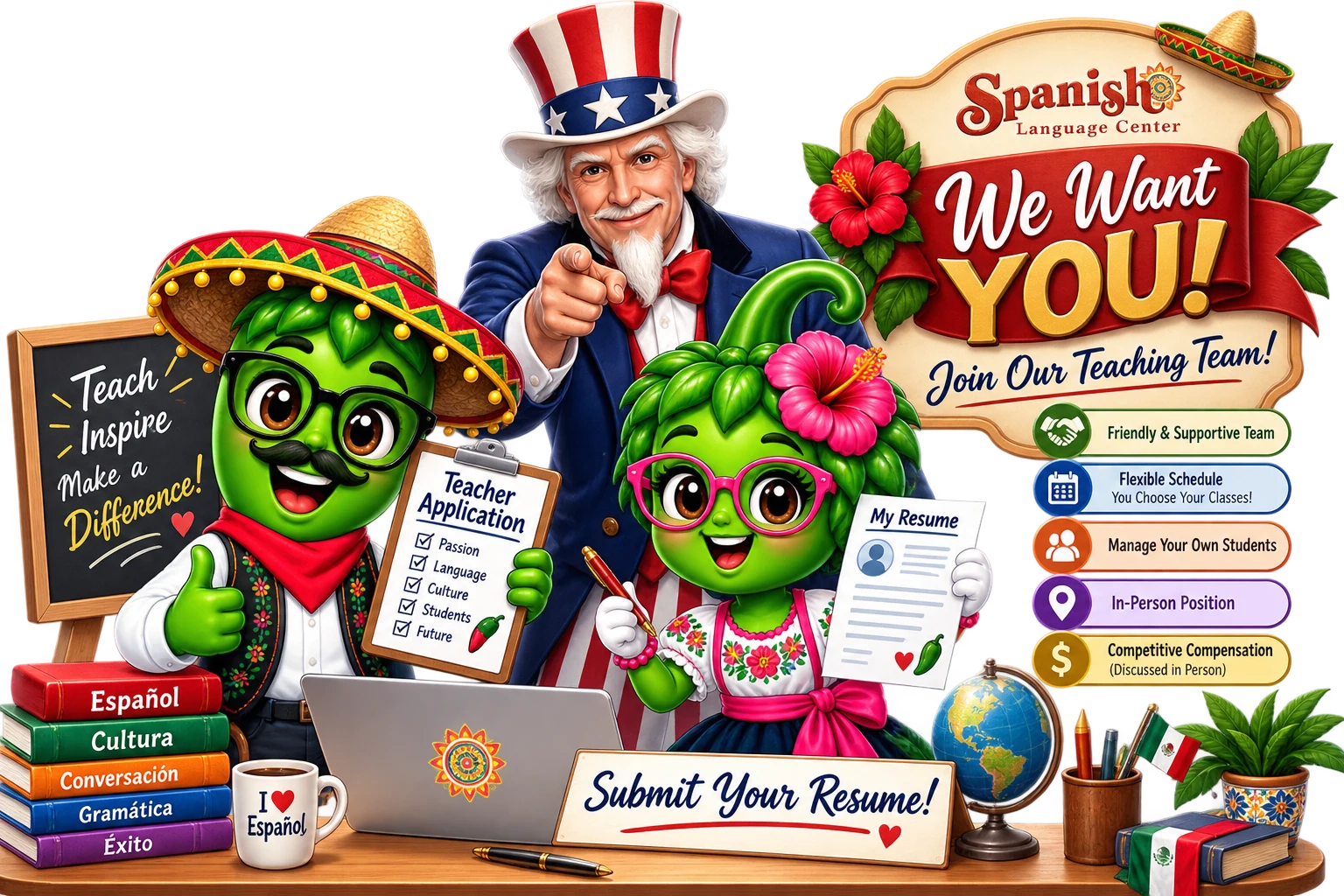 Jalapeño and Jalapeñia, the Spanish Language Center mascots, holding a teacher application and a resume beside a “We Want You! Join Our Teaching Team” sign