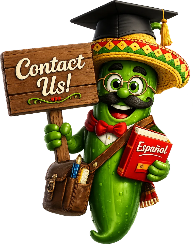 Jalapeño, the Spanish Language Center mascot — in a graduation cap and sombrero with glasses and a satchel — holding a “Contact Us” sign in one hand and an “Español” book in the other