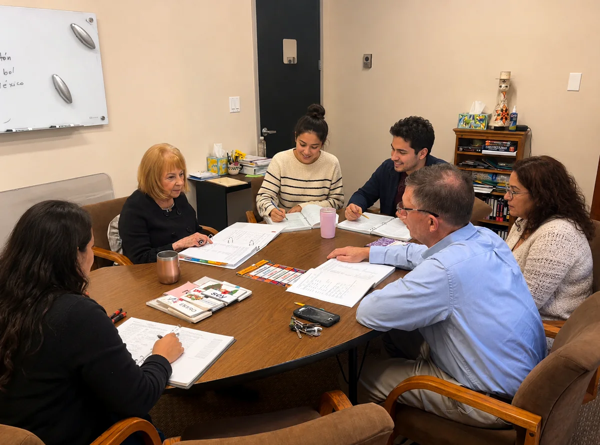 A small Spanish class in session around the table at Spanish Language Center in San Diego